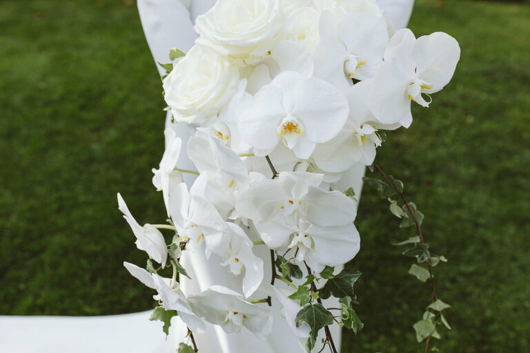 gorgeous bouquet of  white orchids at this mackinac island wedding venue